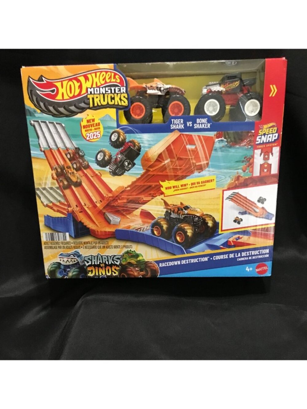 Hot Wheels Monster Trucks Race Down Destruction Track Set Shark Dinos